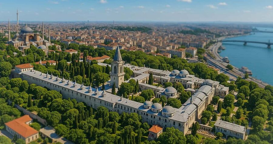 The old city peninsula from the air, Topkapı Palace above the mouth of the Bosphorus